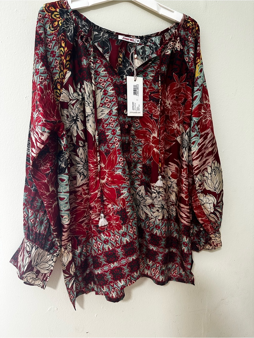 Johnny Was Red Floral Boho Tunic with Tassel Tie